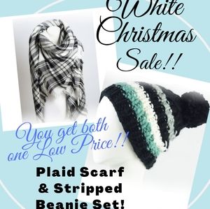 Blue, Black, White Striped/Plaid Beanie& Scarf Set